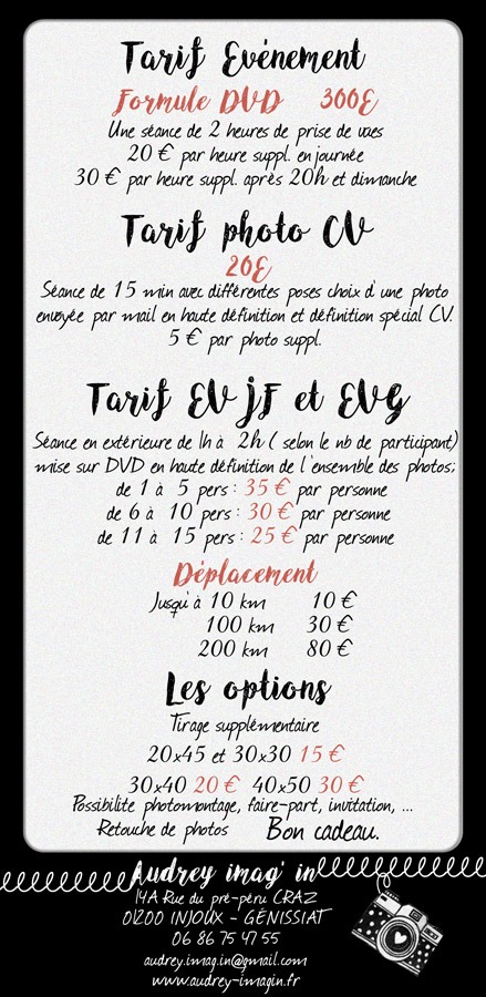 Photographe professionnel, planche tarifaire événement, cv, EVJF/EVG, options
